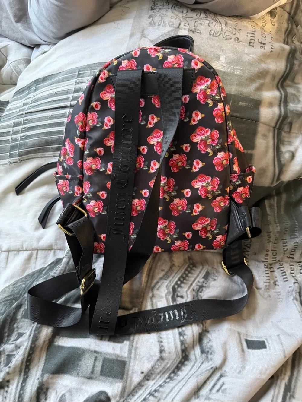 Juicy Couture Black Mini Backpack with Pink Rose Print